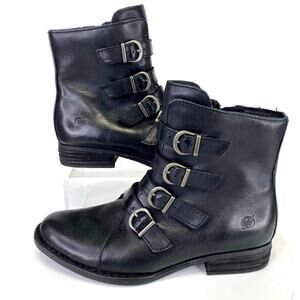 BORN Moto Biker Boots Womens Sz 6.5 Black Leather Ankle Buckles Edgy Boho Grunge